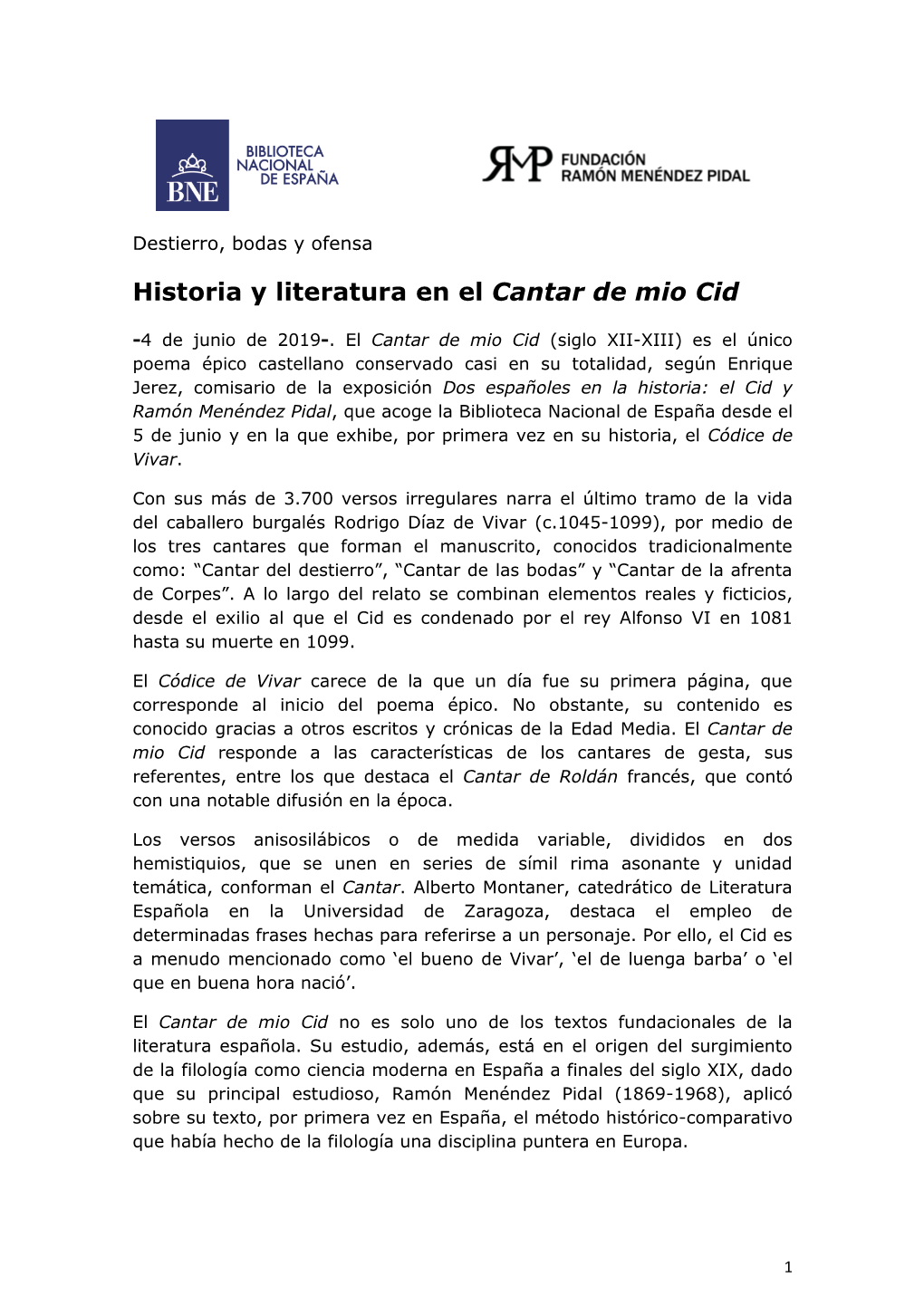 Historia Y Literatura En El Cantar De Mio Cid