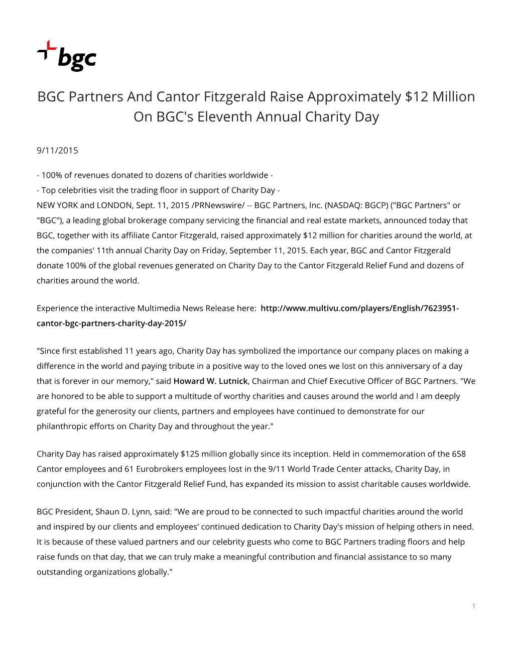 BGC Partners and Cantor Fitzgerald Raise Approximately $12 Million on BGC's Eleventh Annual Charity Day