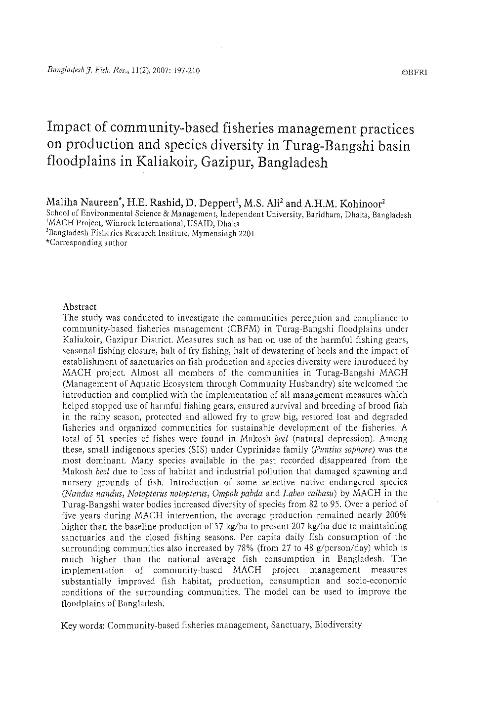 Impact of Community-Based Fisheries Management Practices on Production and Species Diversity in Turag-Bangshi Basin Floodplains in Kaliakoir, Gazipur, Bangladesh