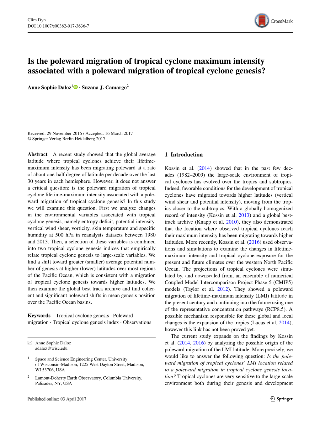 Is the Poleward Migration of Tropical Cyclone Maximum Intensity Associated with a Poleward Migration of Tropical Cyclone Genesis?