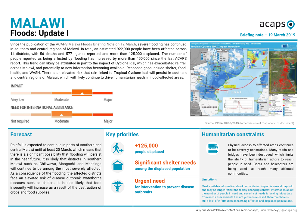 MALAWI Floods: Update I Briefing Note – 19 March 2019