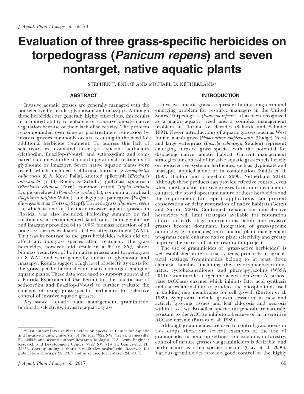 Evaluation of Three Grass-Specific Herbicides on Torpedograss (Panicum Repens) and Seven Nontarget, Native Aquatic Plants