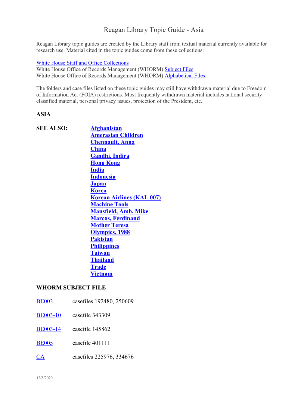 Reagan Library Topic Guide - Asia