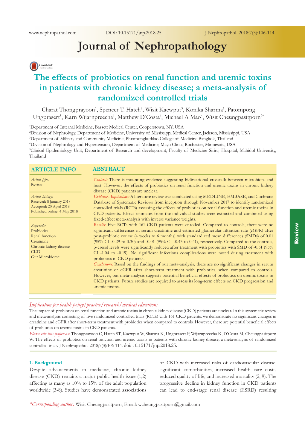 The Effects of Probiotics on Renal Function and Uremic Toxins In