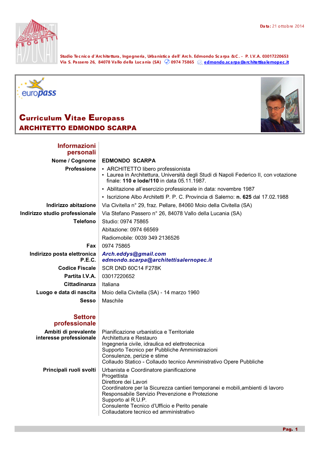 Curriculum Vitae Europass ARCHITETTO EDMONDO SCARPA