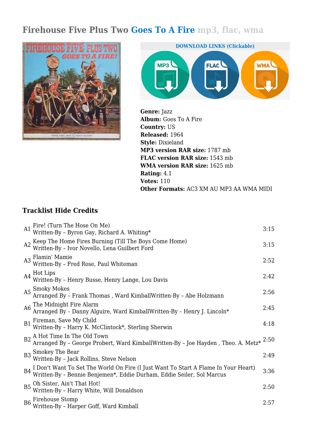 Firehouse Five Plus Two Goes to a Fire Mp3, Flac, Wma