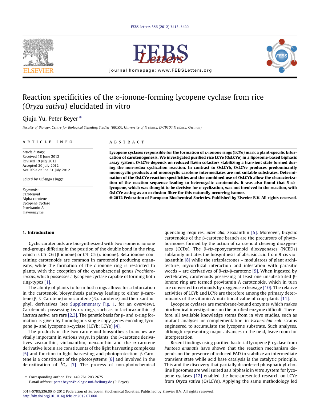 Reaction Specificities of the E-Ionone-Forming Lycopene