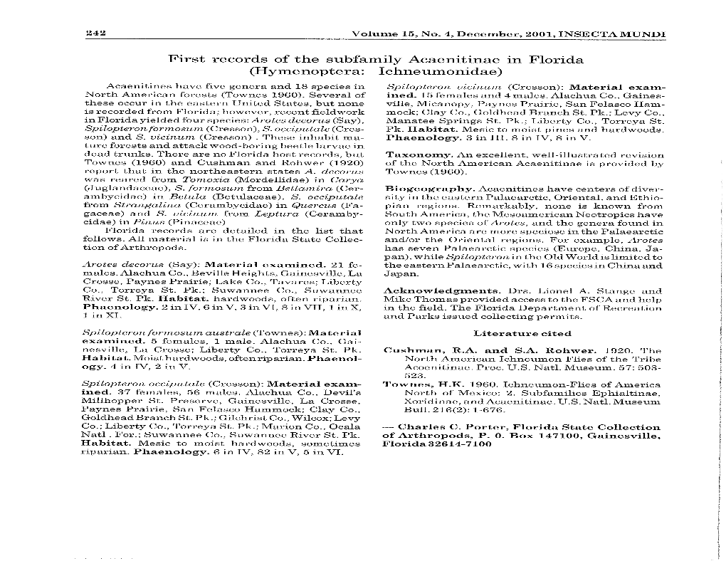 First Records of the Subfamily Acaenitinae in Florida (Hymenoptera: Ichneumonidae)