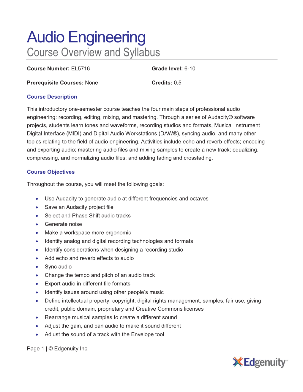 Audio Engineering Course Overview and Syllabus