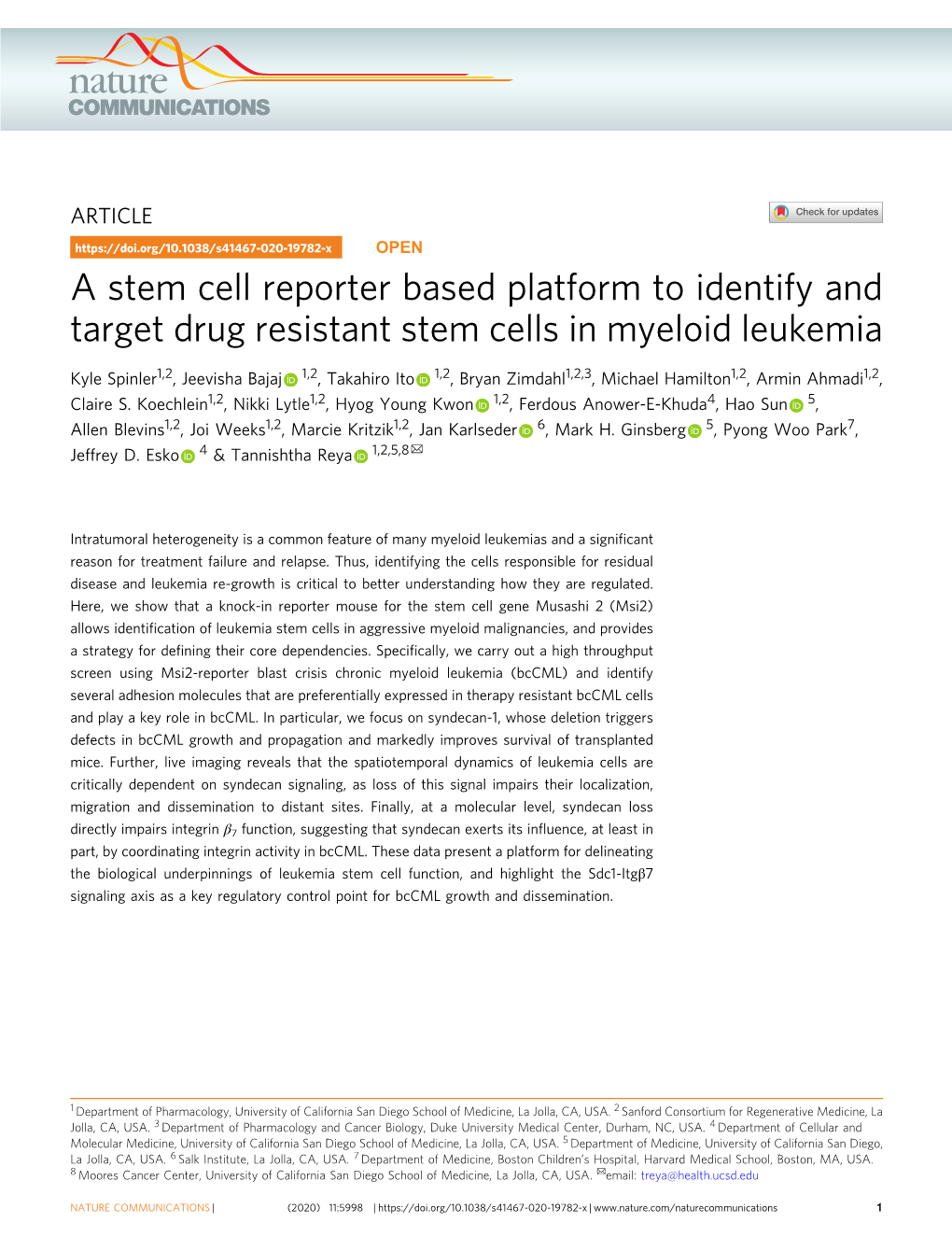 A Stem Cell Reporter Based Platform to Identify and Target Drug Resistant Stem Cells in Myeloid Leukemia
