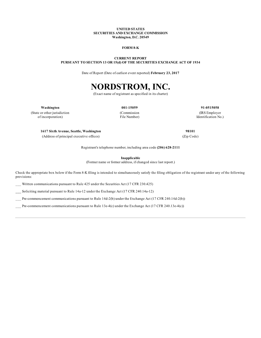 NORDSTROM, INC. (Exact Name of Registrant As Specified in Its Charter)