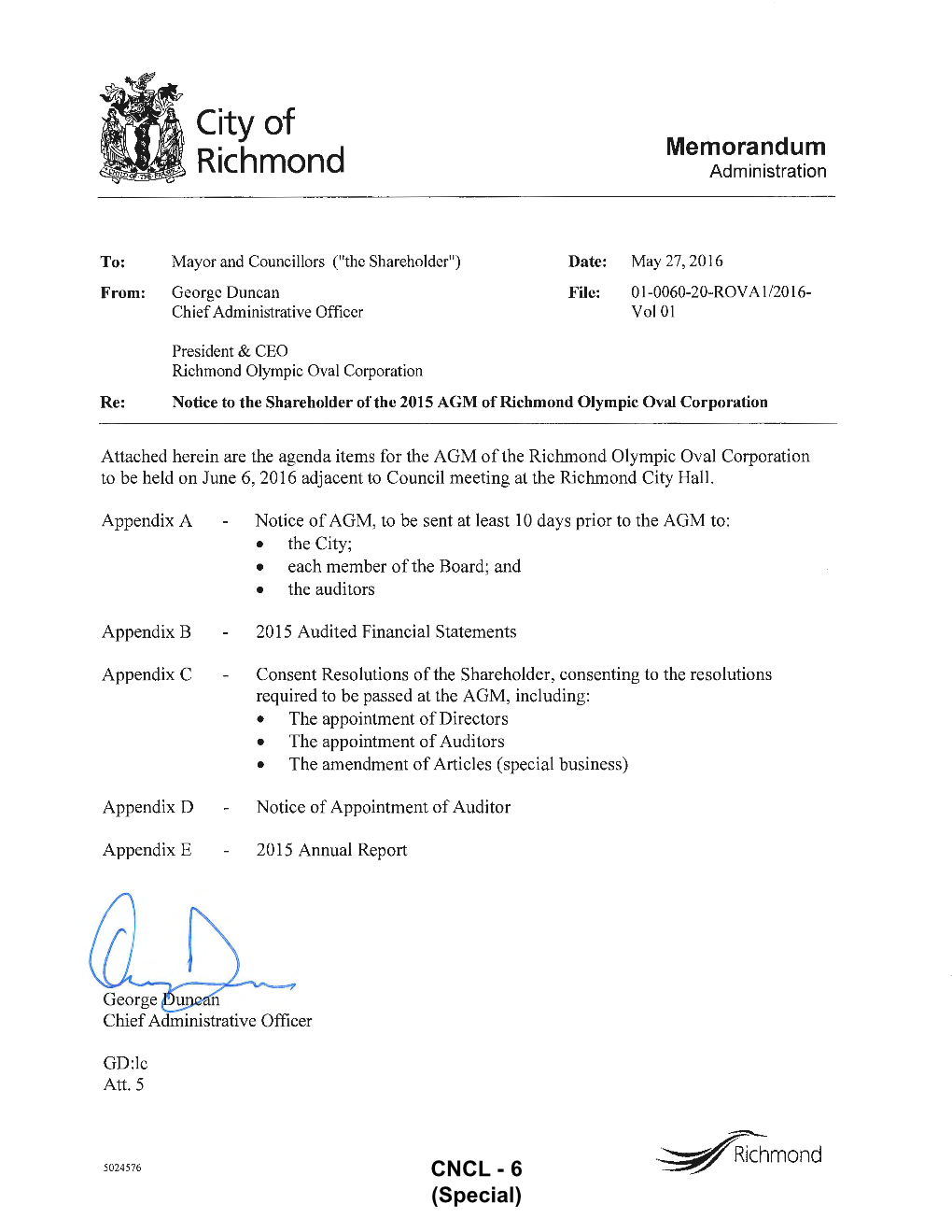 Richmond Olympic Oval Corporation Re: Notice to the Shareholder of the 2015 AGM of Richmond Olympic Oval Corporation
