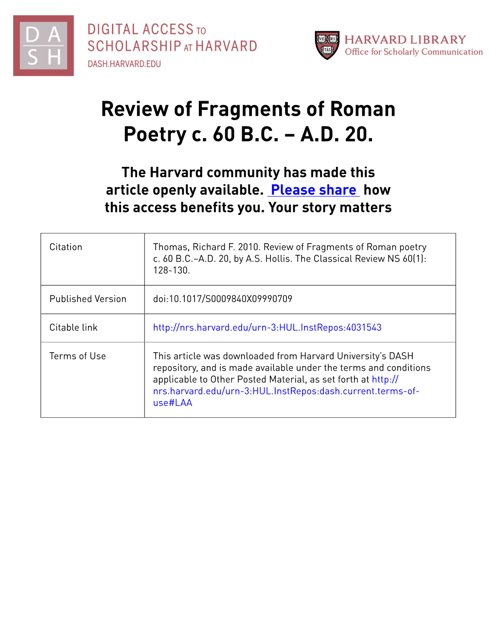 Fragments of Roman Poetry C. 60 BC – AD 20. Pp. Xviii + 440. Oxford