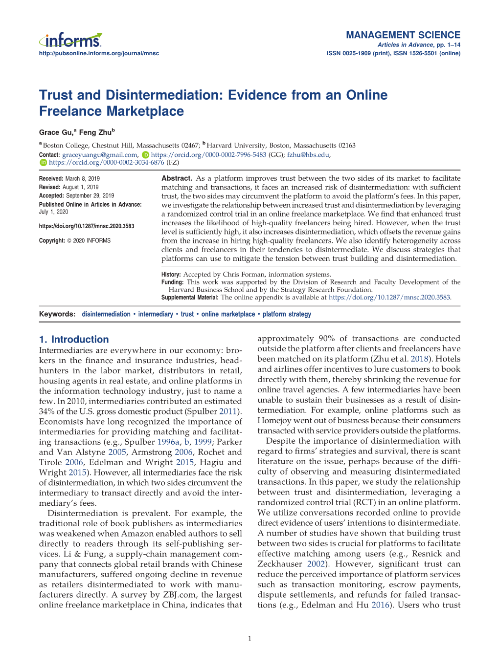 Trust and Disintermediation: Evidence from an Online Freelance Marketplace