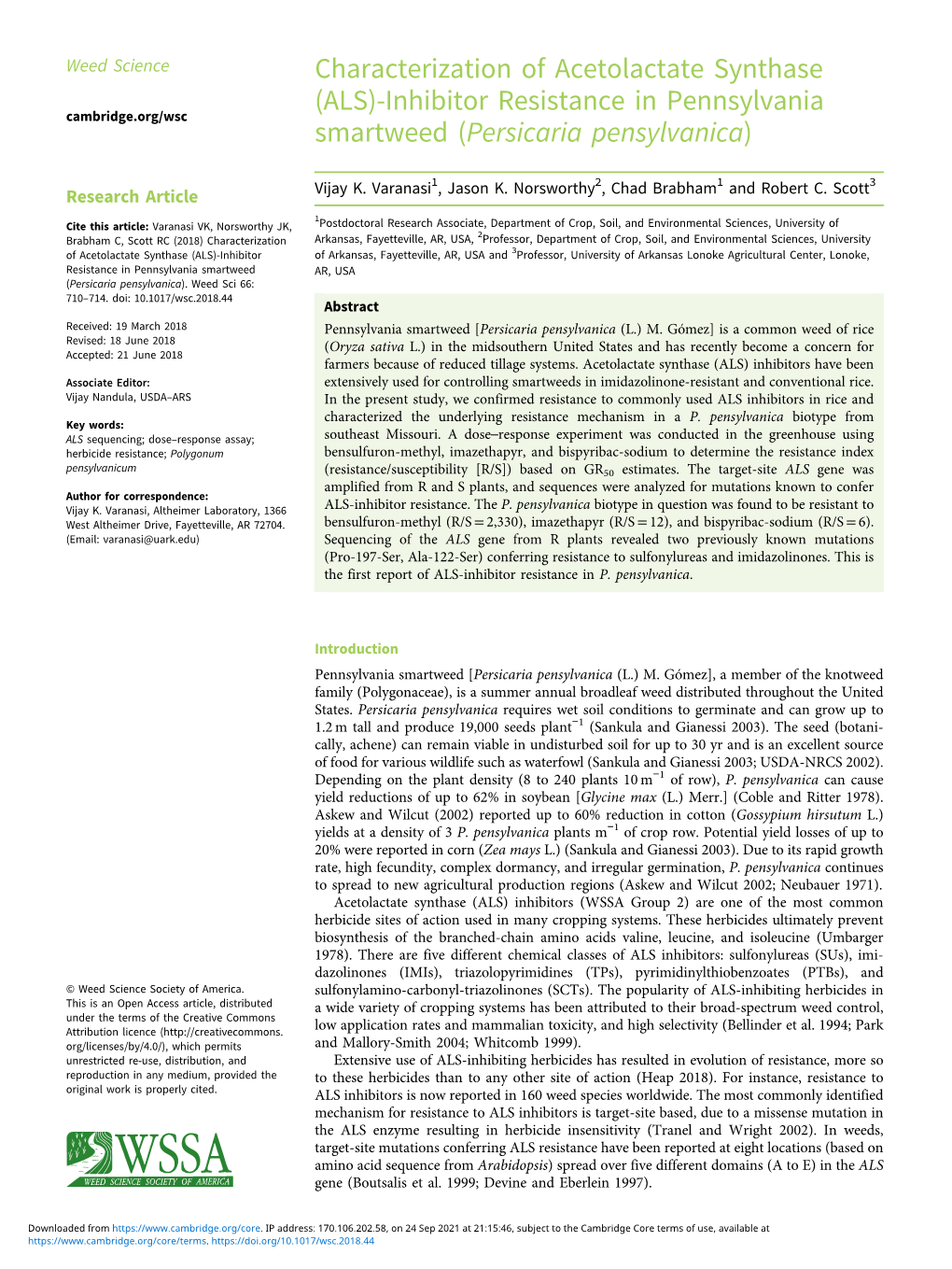 Characterization of Acetolactate Synthase (ALS)-Inhibitor Resistance in Pennsylvania Cambridge.Org/Wsc Smartweed (Persicaria Pensylvanica)