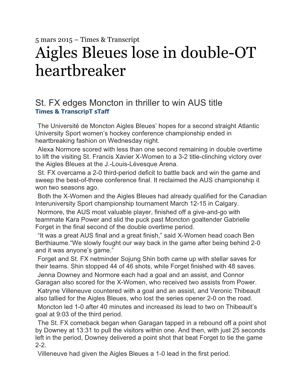 Aigles Bleues Lose in Double-OT Heartbreaker