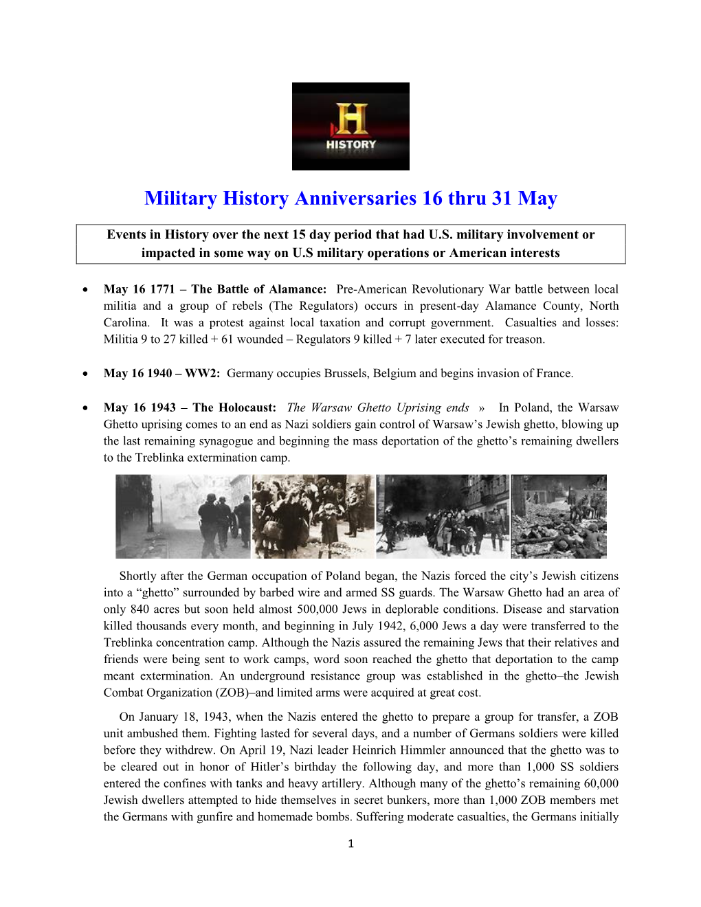 Military History Anniversaries 16 Thru 31 May