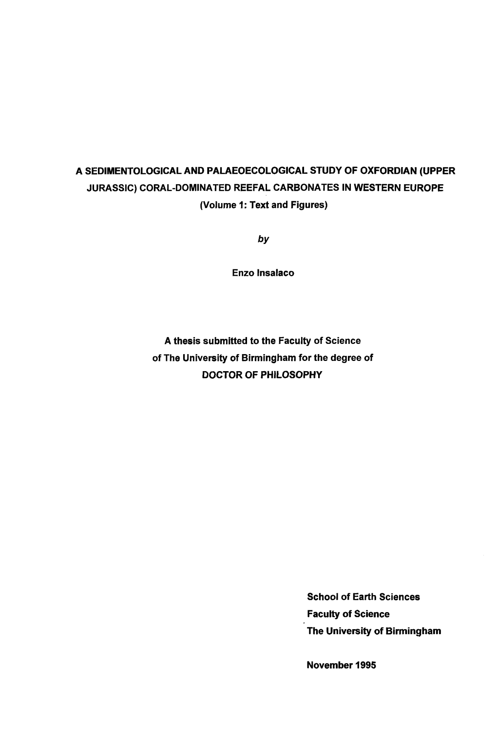 UPPER JURASSIC) CORAL-DOMINATED REEFAL CARBONATES in WESTERN EUROPE (Volume 1: Text and Figures)