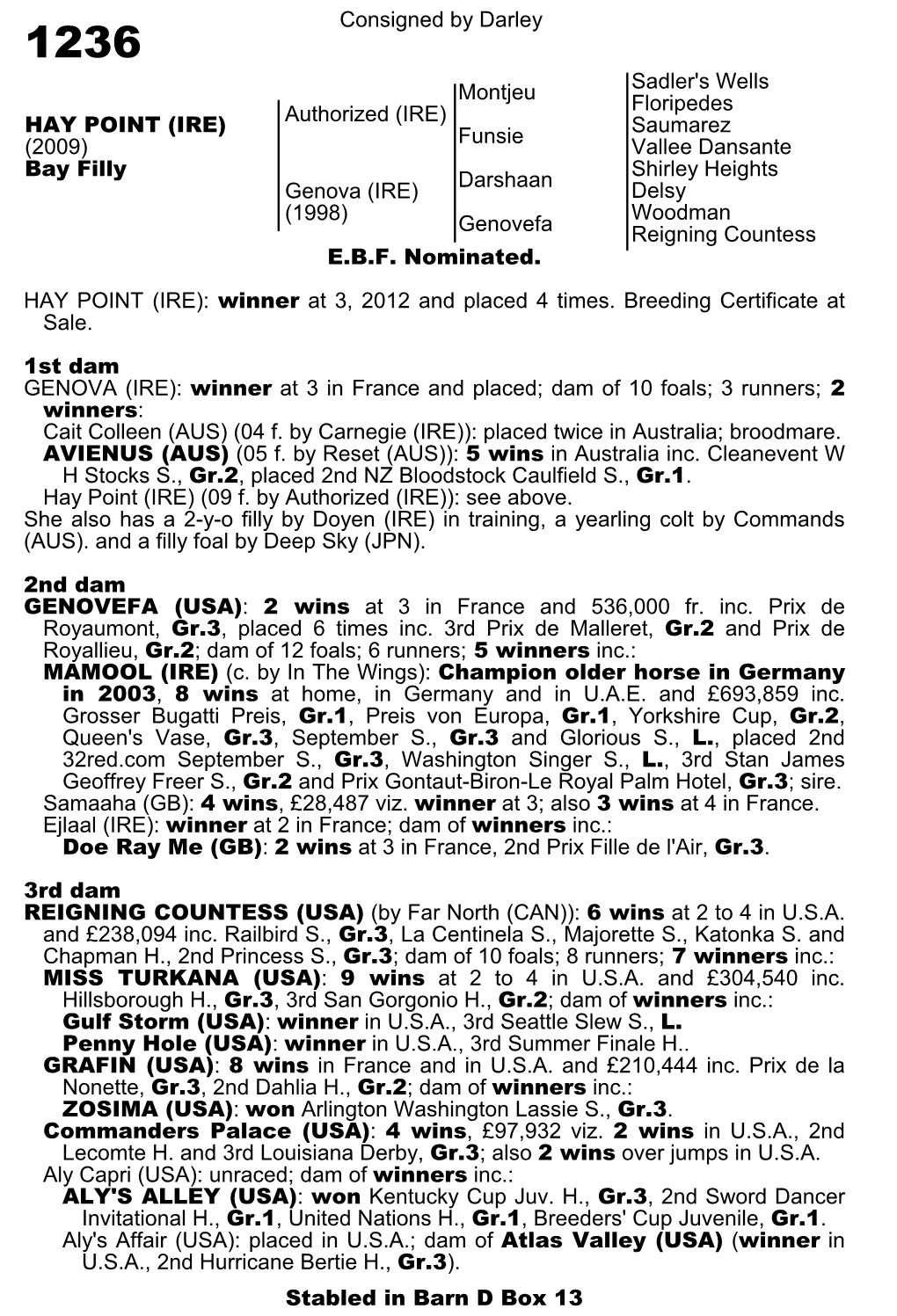 Consigned by Darley Montjeu Sadler's Wells Floripedes Authorized (IRE) Funsie Saumarez Vallee Dansante Darshaan Shirley Heights