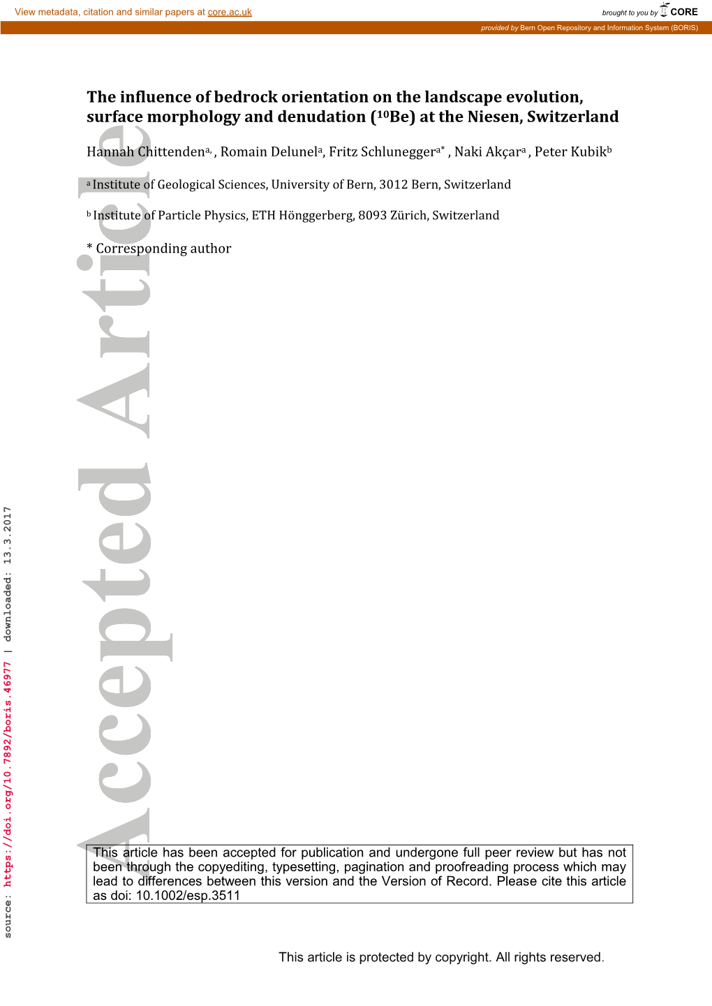 The Influence of Bedrock Orientation on the Landscape Evolution, Surface Morphology and Denudation (10Be) at the Niesen, Switzerland