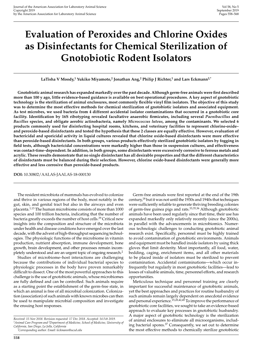 Evaluation of Peroxides and Chlorine Oxides As Disinfectants for Chemical Sterilization of Gnotobiotic Rodent Isolators