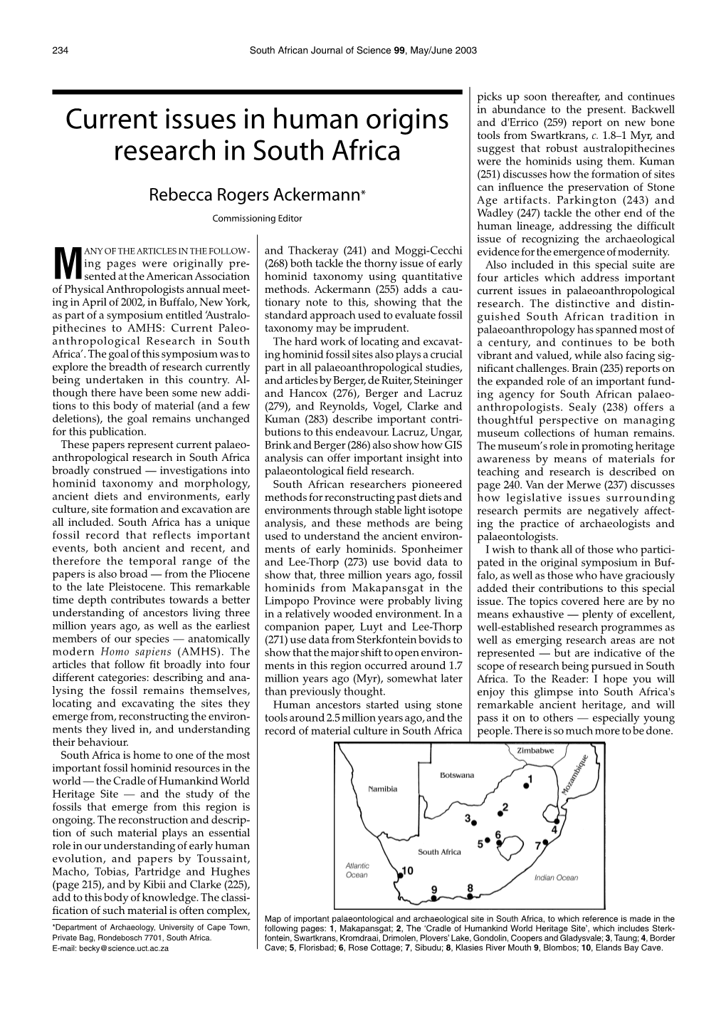 Current Issues in Human Origins Research in South Africa