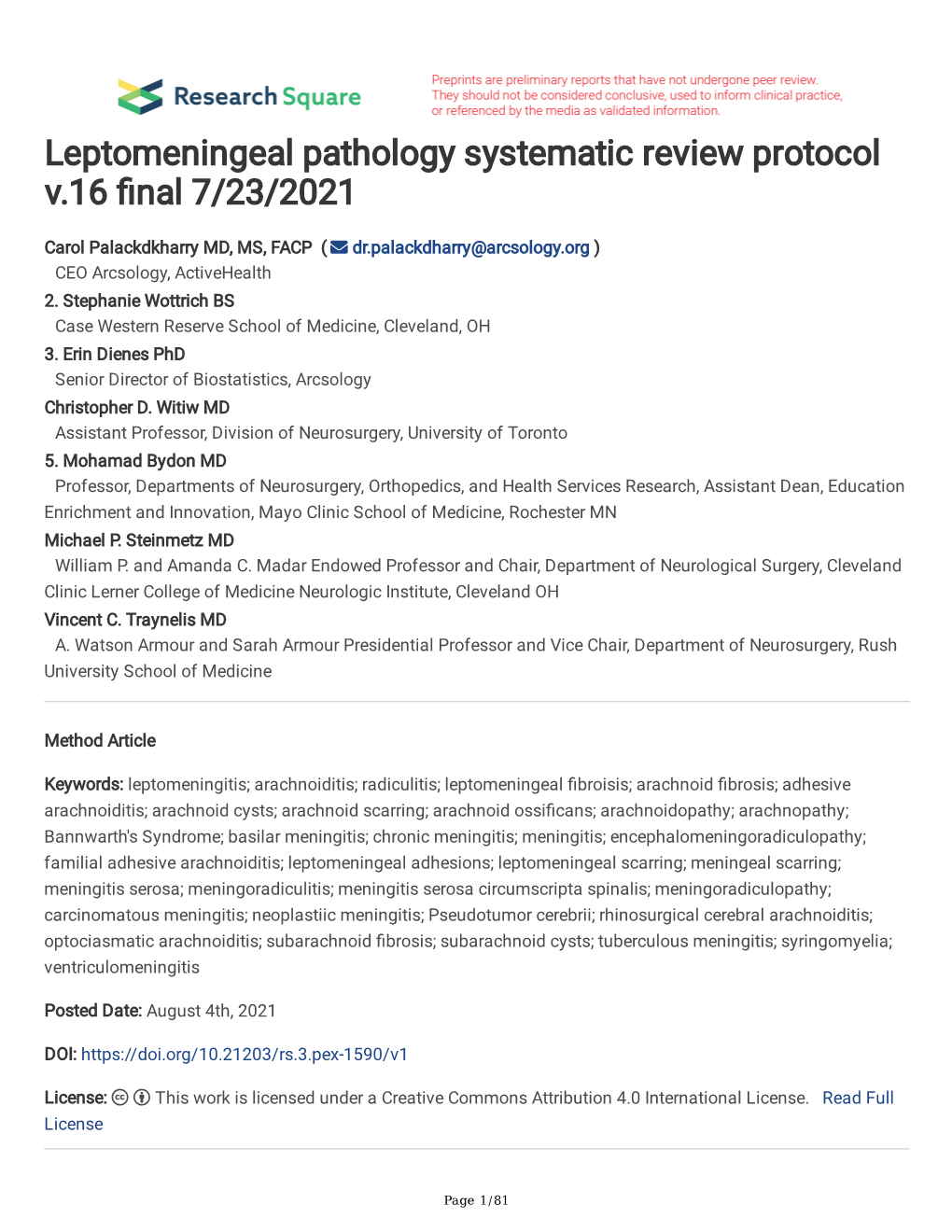 Leptomeningeal Pathology Systematic Review Protocol V.16 Nal 7/23/2021