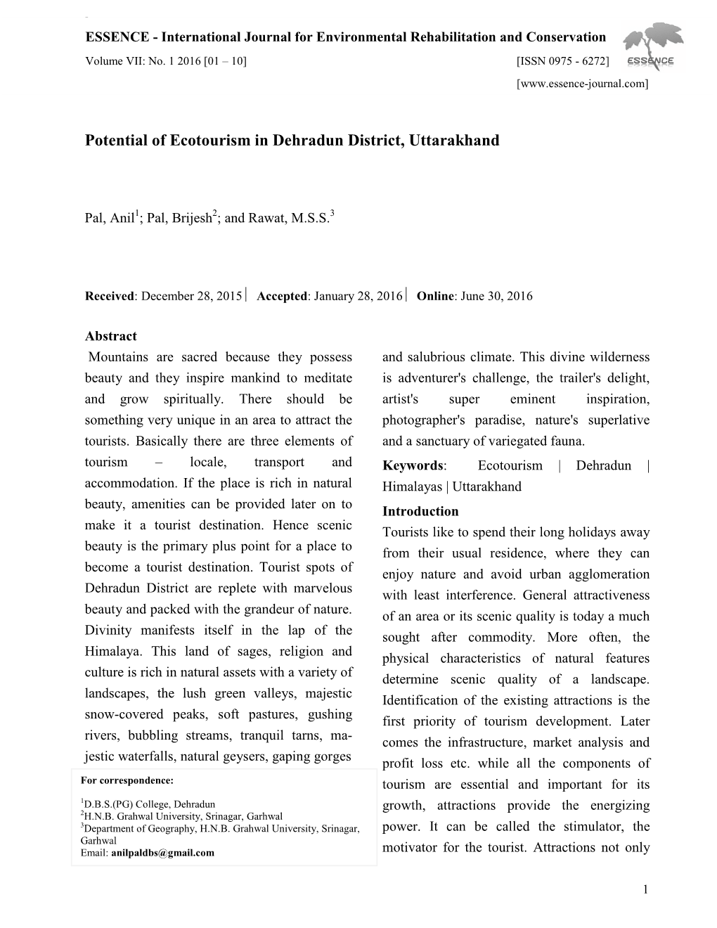 Potential of Ecotourism in Dehradun District, Uttarakhand