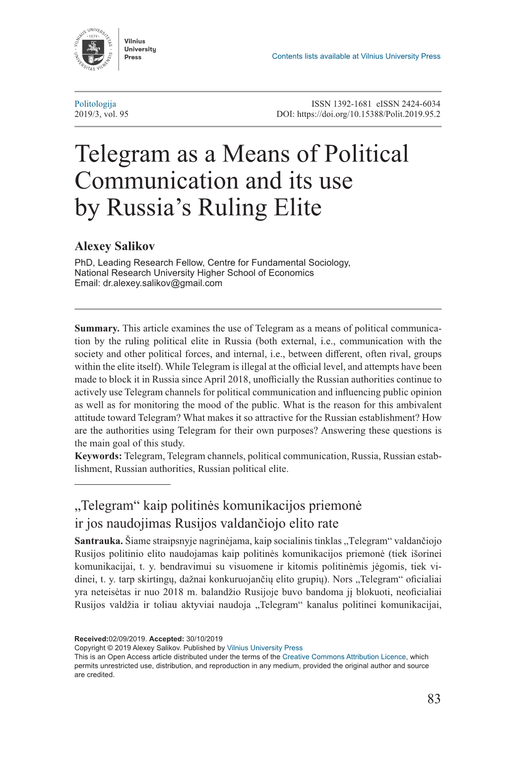Telegram As a Means of Political Communication and Its Use by Russia’S Ruling Elite