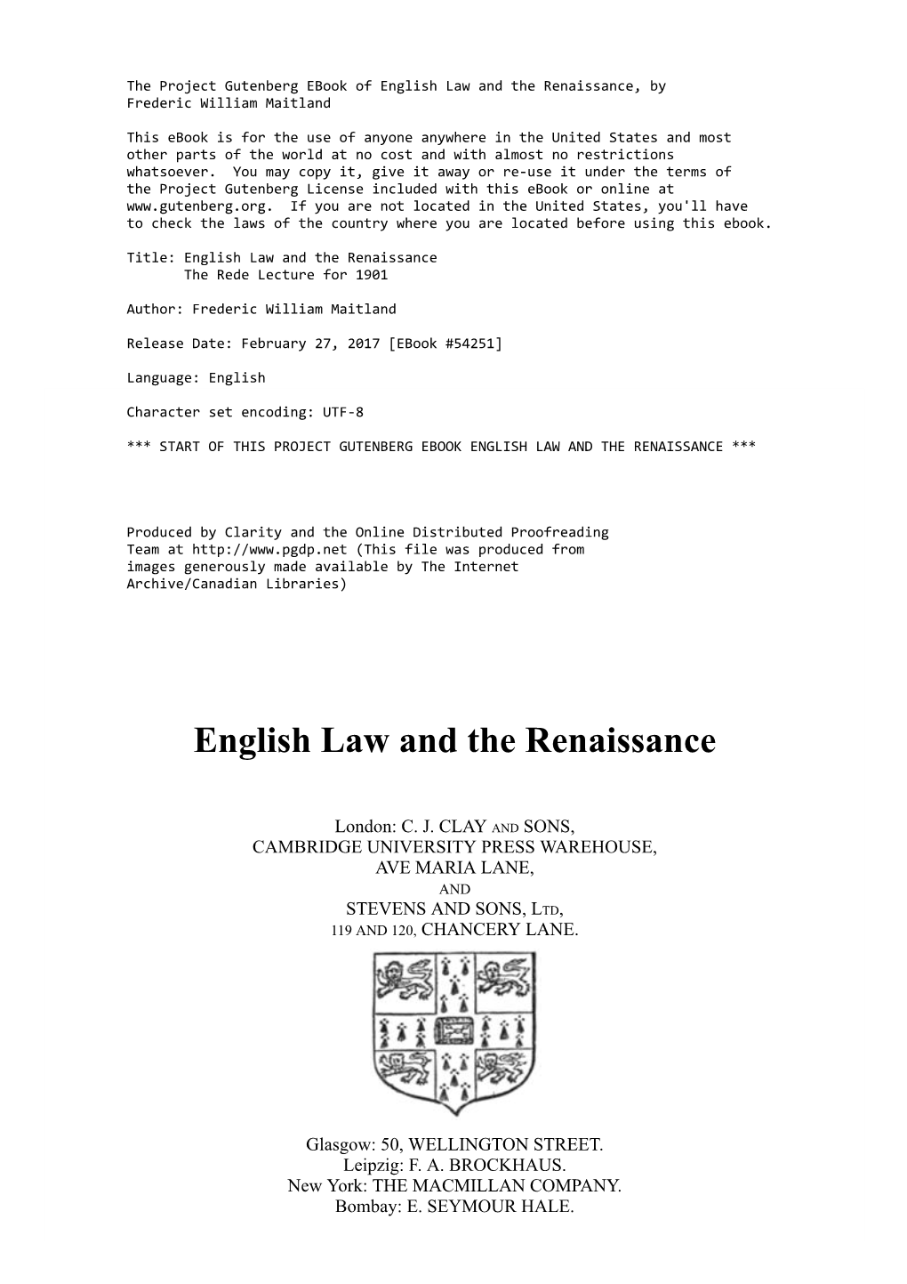 English Law and the Renaissance, by Frederic William Maitland