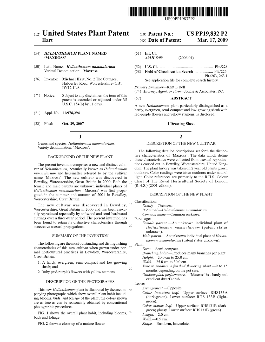 (12) United States Plant Patent (10) Patent No.: US PP19,832 P2 Hart (45) Date of Patent: Mar