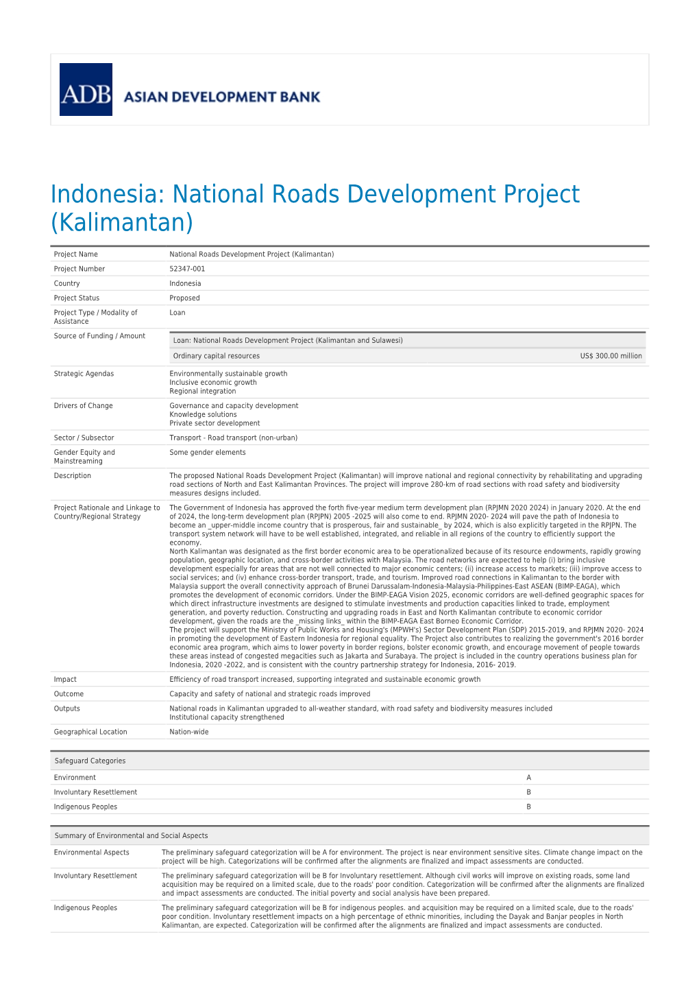 National Roads Development Project (Kalimantan)