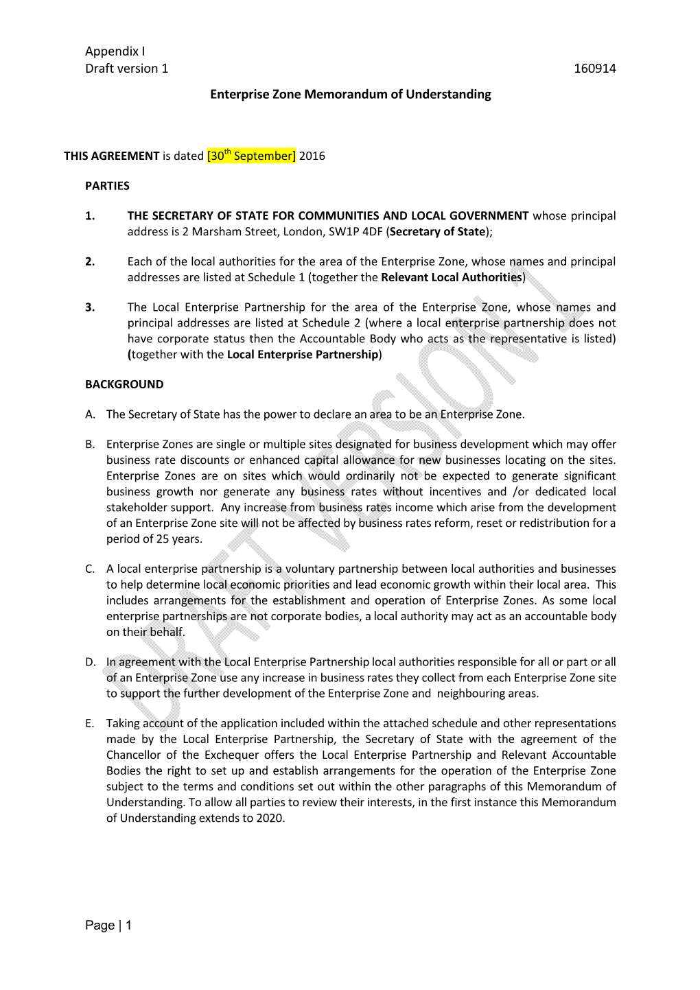 Appendix I Draft Version 1 160914 Enterprise Zone Memorandum of Understanding