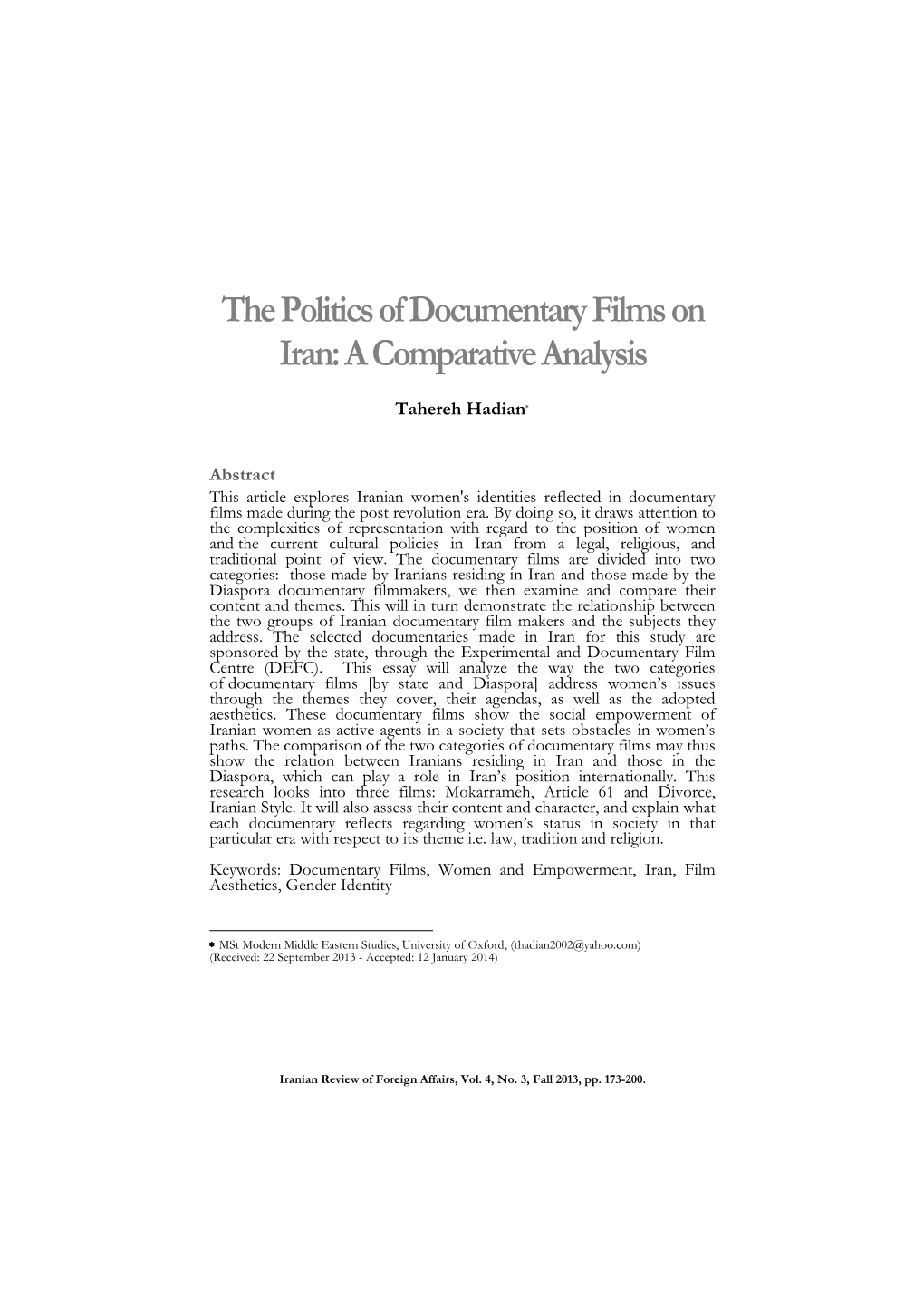 The Politics of Documentary Films on Iran: a Comparative Analysis