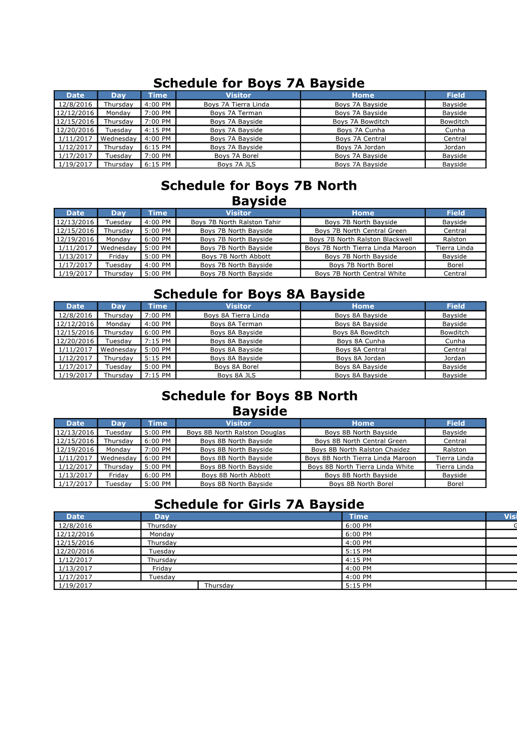 Bayside 7/8 Basketball Schedule