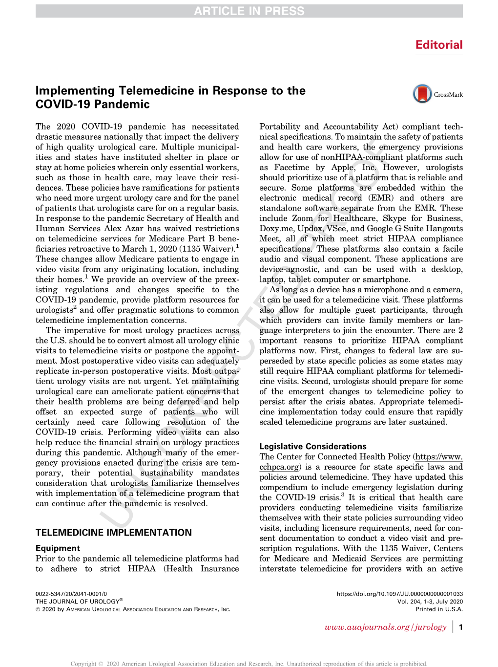 Implementing Telemedicine in Response to the COVID-19 Pandemic