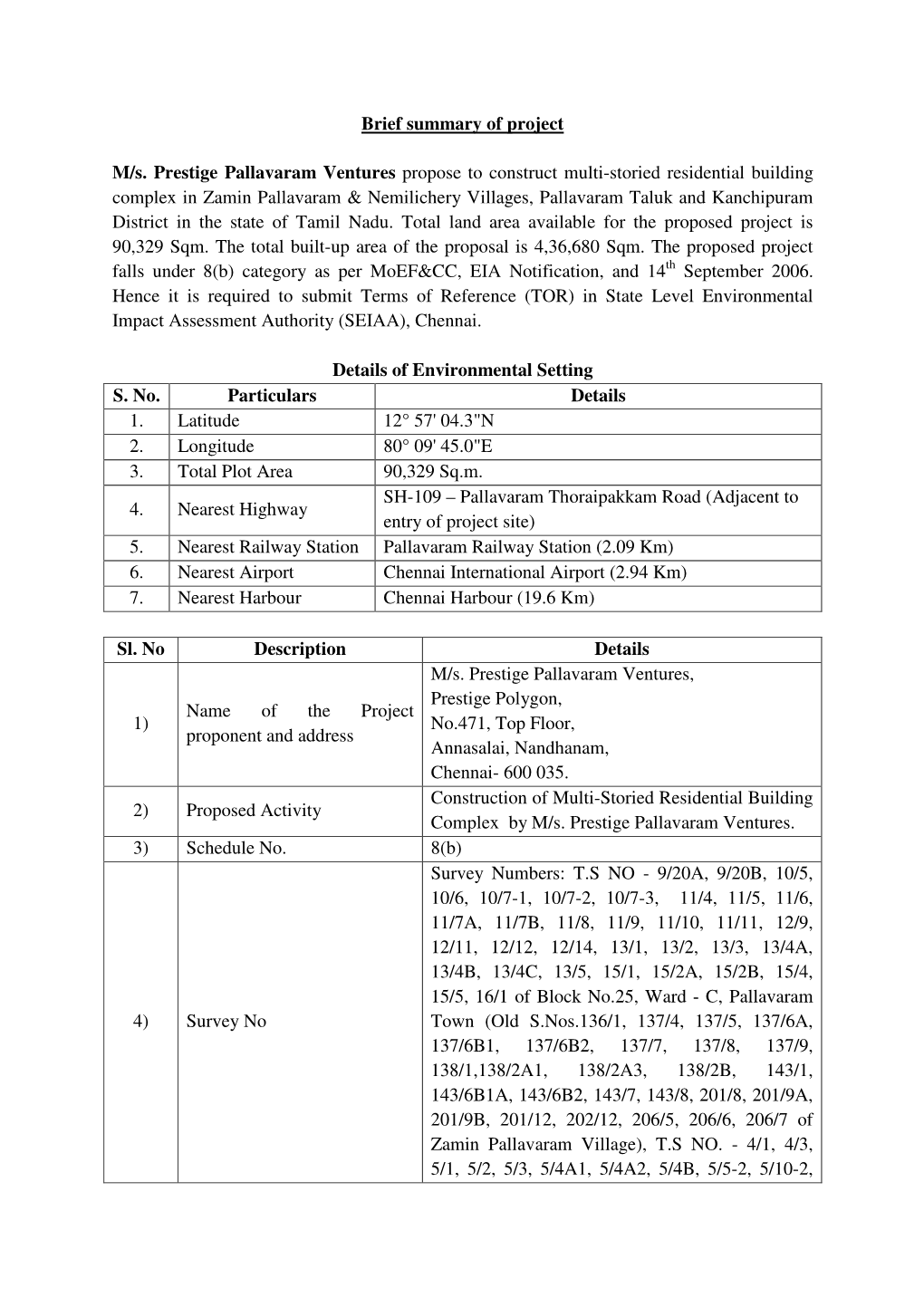 Brief Summary of Project M/S. Prestige Pallavaram Ventures Propose To