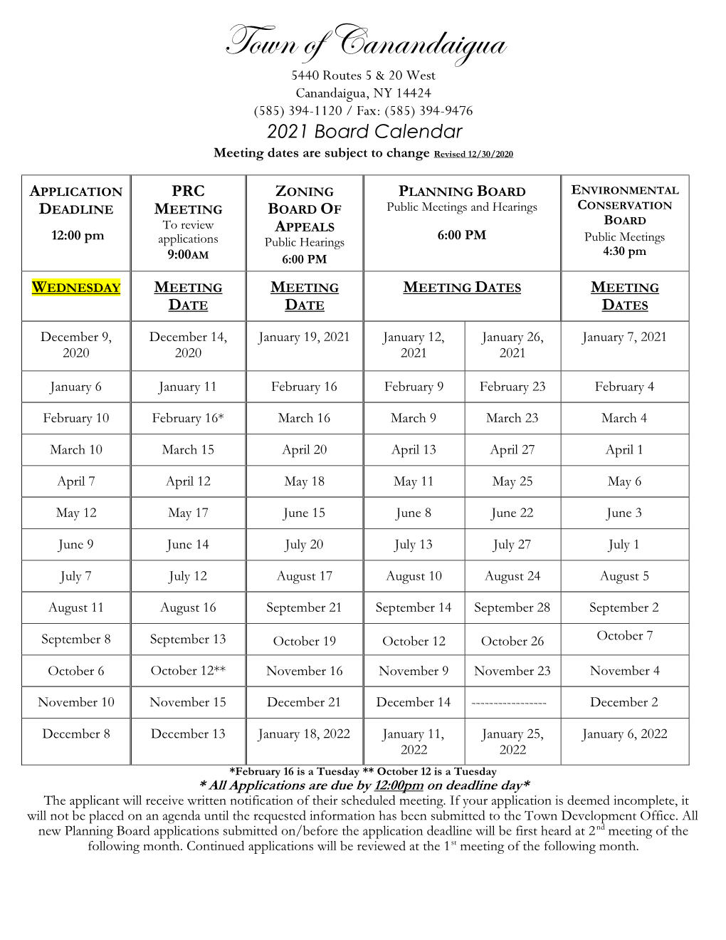 2021 Meeting Dates & Deadlines