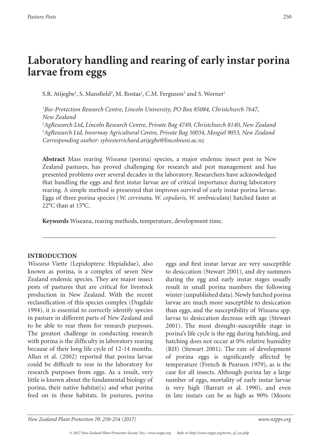 Laboratory Handling and Rearing of Early Instar Porina Larvae from Eggs