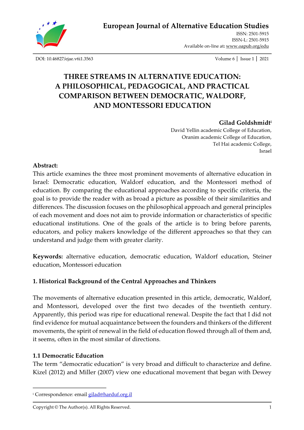 European Journal of Alternative Education Studies ISSN: 2501-5915 ISSN-L: 2501-5915 Available On-Line At