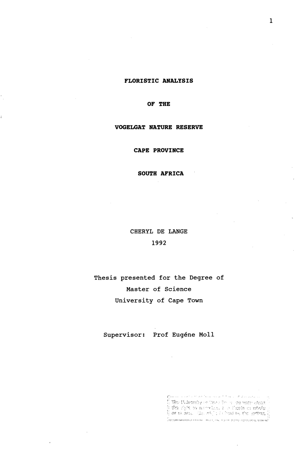 Floristic Analysis of the Vogelgat Nature Reserve Cape Province South Africa