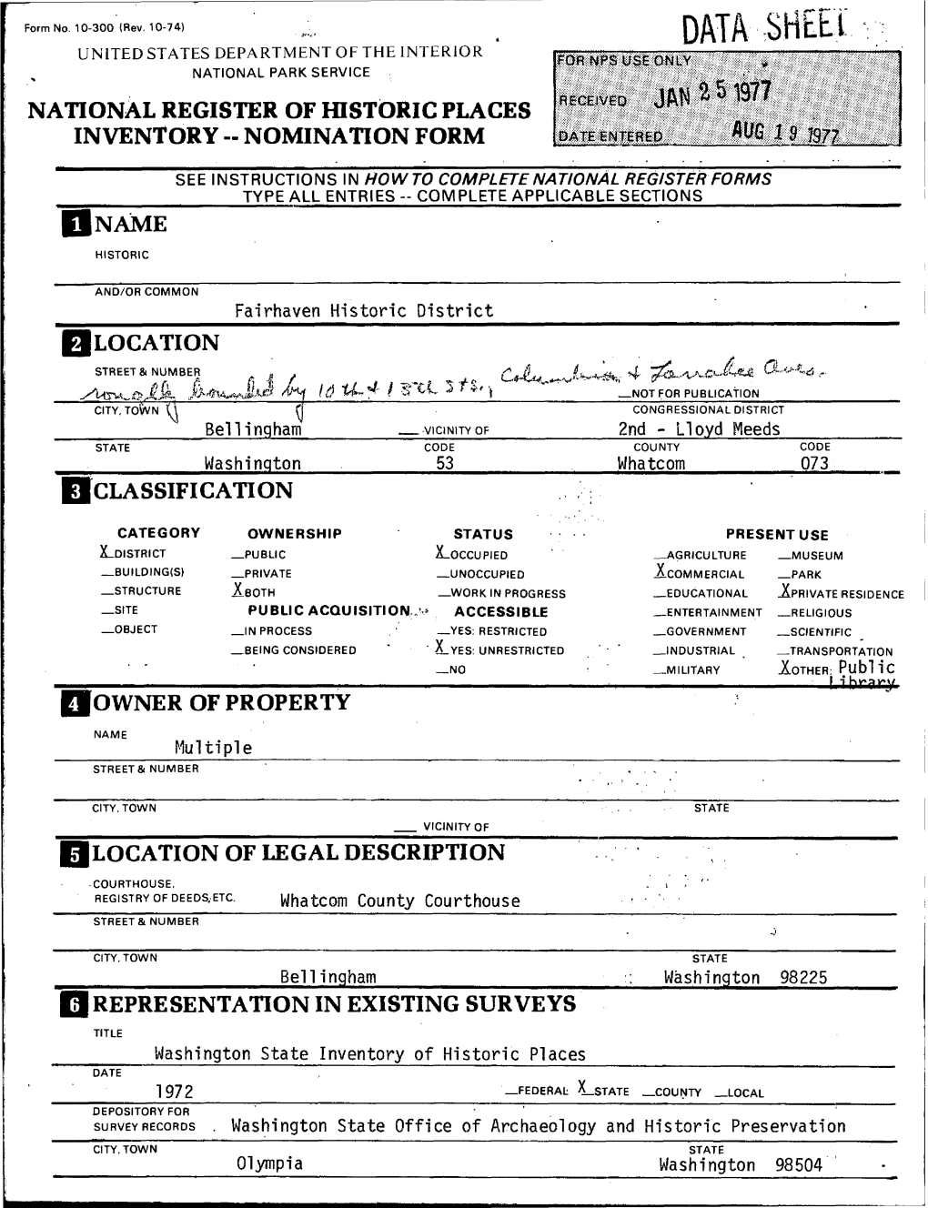 Data Shell United States Department of the Interior National Park Service National Register of Historic Places Inventory -- Nomination Form