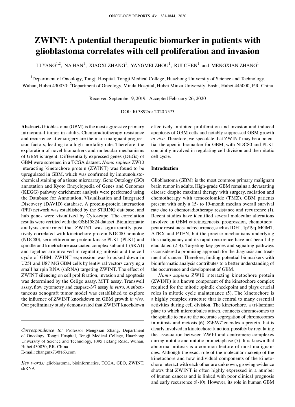 ZWINT: a Potential Therapeutic Biomarker in Patients with Glioblastoma Correlates with Cell Proliferation and Invasion