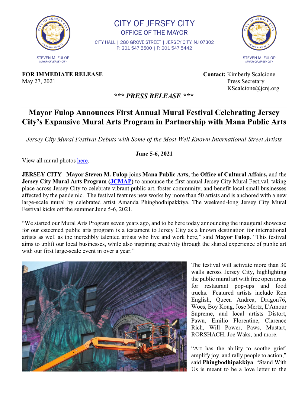 Mayor Fulop Announces First Annual Mural Festival Celebrating Jersey City’S Expansive Mural Arts Program in Partnership with Mana Public Arts