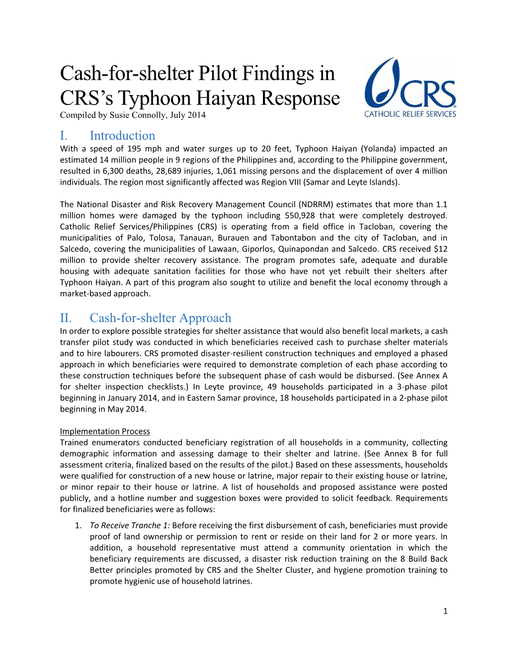Cash-For-Shelter Pilot Findings in CRS's Typhoon Haiyan Response