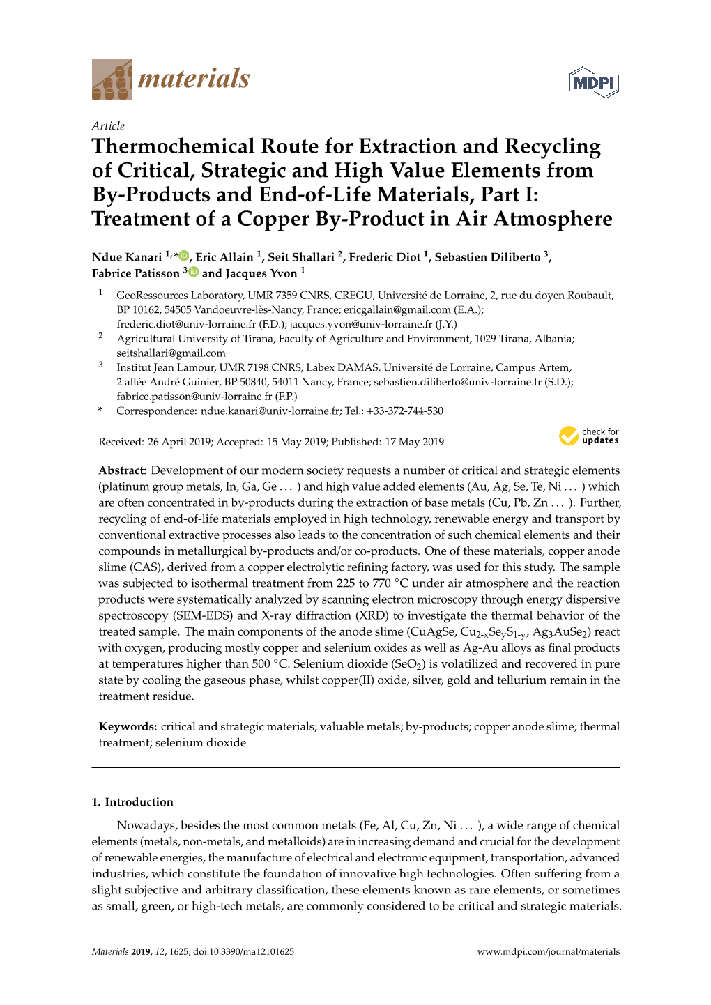 Thermochemical Route for Extraction and Recycling of Critical, Strategic