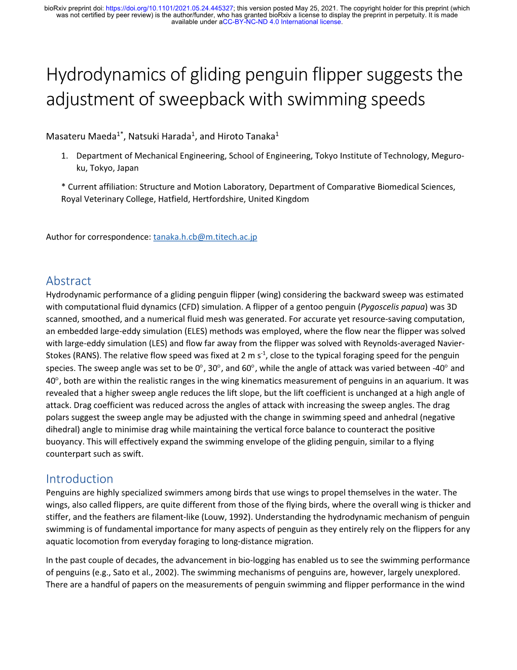 Hydrodynamics of Gliding Penguin Flipper Suggests the Adjustment of Sweepback with Swimming Speeds