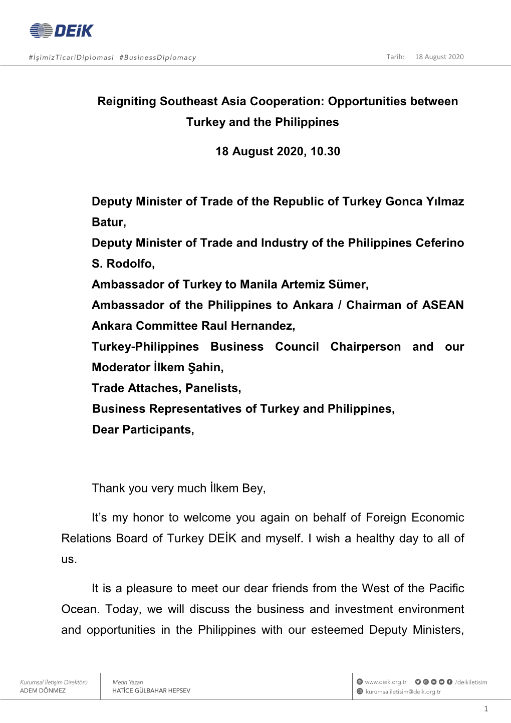 Opportunities Between Turkey and the Philippines 18 August 2020