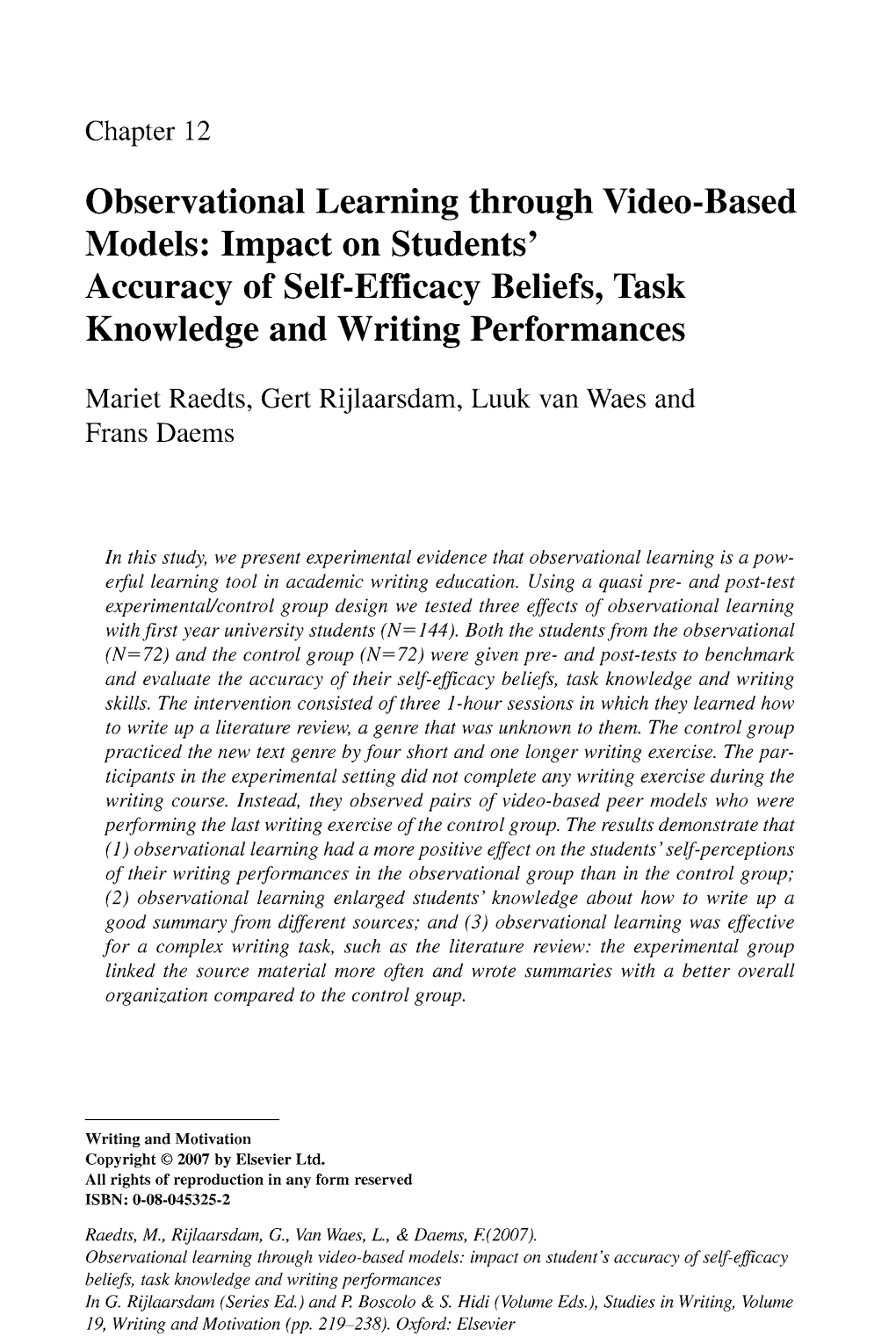 Observational Learning Through Video-Based Models: Impact on Students' Accuracy of Self-Efficacy Beliefs, Task Knowledge and Writing Performances