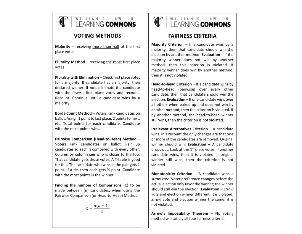 Fairness Criteria Voting Methods